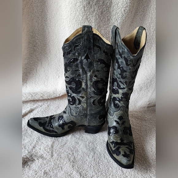 Corral Women's Gray & Black Sequin Inlay Western Boots with Snip Toe Size 7.5 - Picture 3 of 14